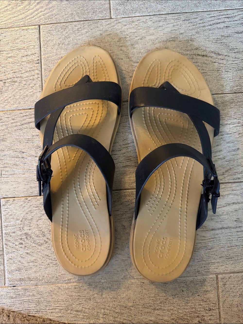CROCS Women's Black Strappy Sandals with Tan Footbed